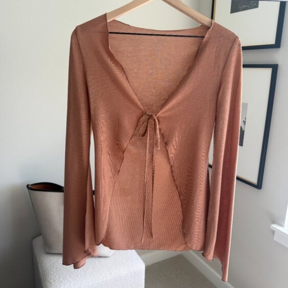 SHEIN Rust Tie-Front Lettuce Trim Long Sleeve Crop Top Women's Small